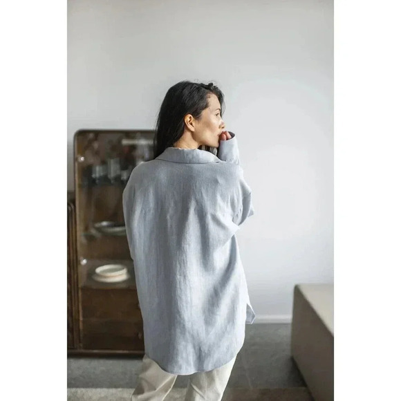 Sand Snow 100% Stonewashed Linen Long Sleeve Shirt Blue L/XL Seashell Buttons - Picture 4 of 14